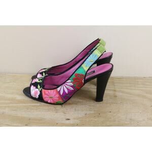 Beverly Feldman Heels 6.5M Floral Print Slingback Slip On High Heels Vintage